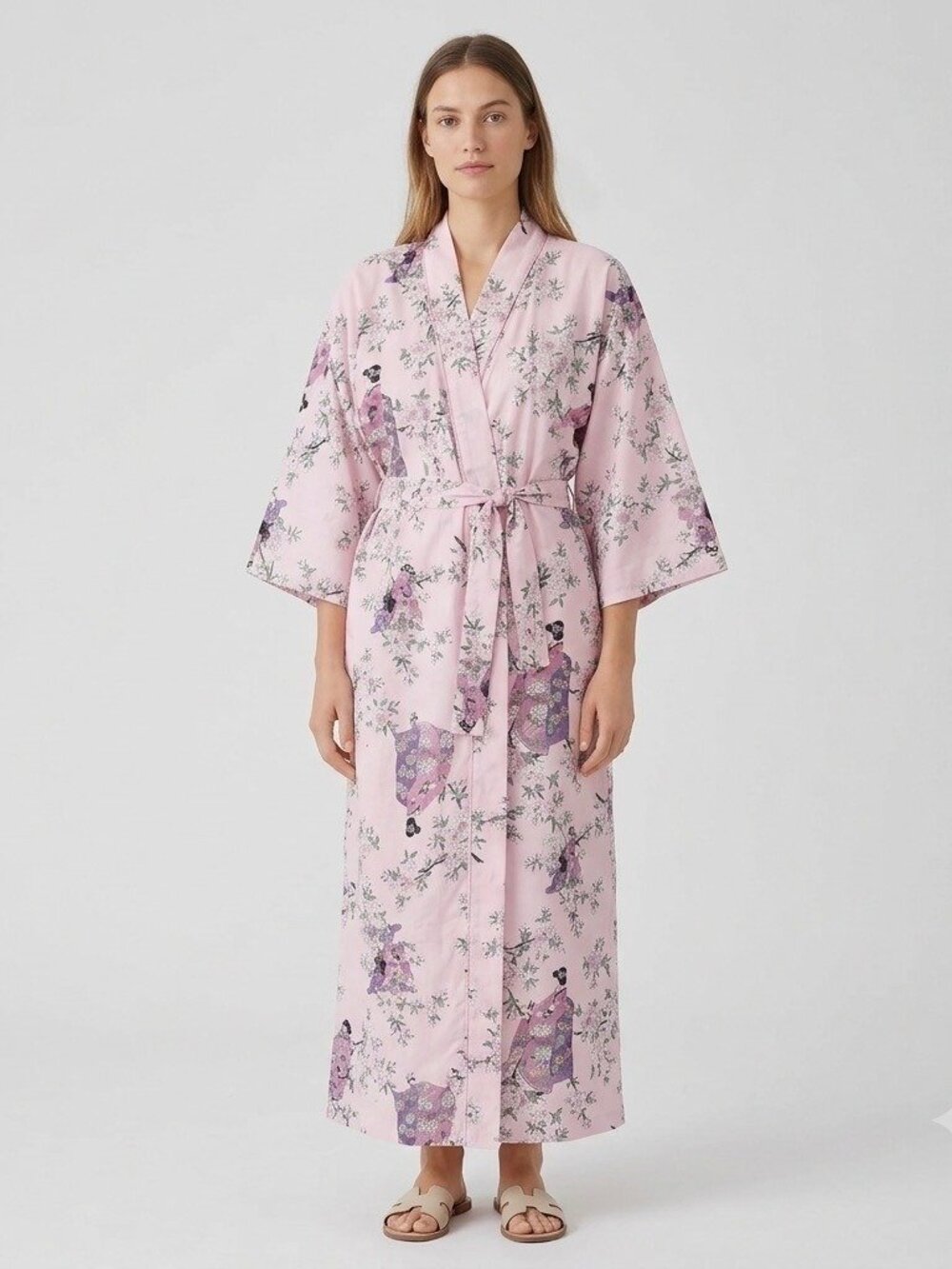 Vintage Japanese Kimono Robe Pink Cotton Geisha Floral Sakura OS Loungewear